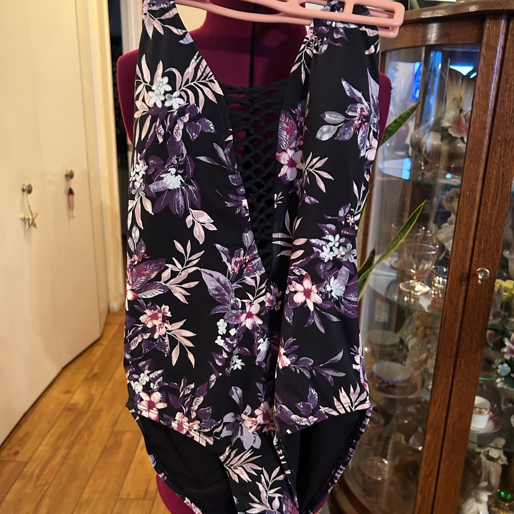 Swim Wear; Black Background With Palm Florals.
